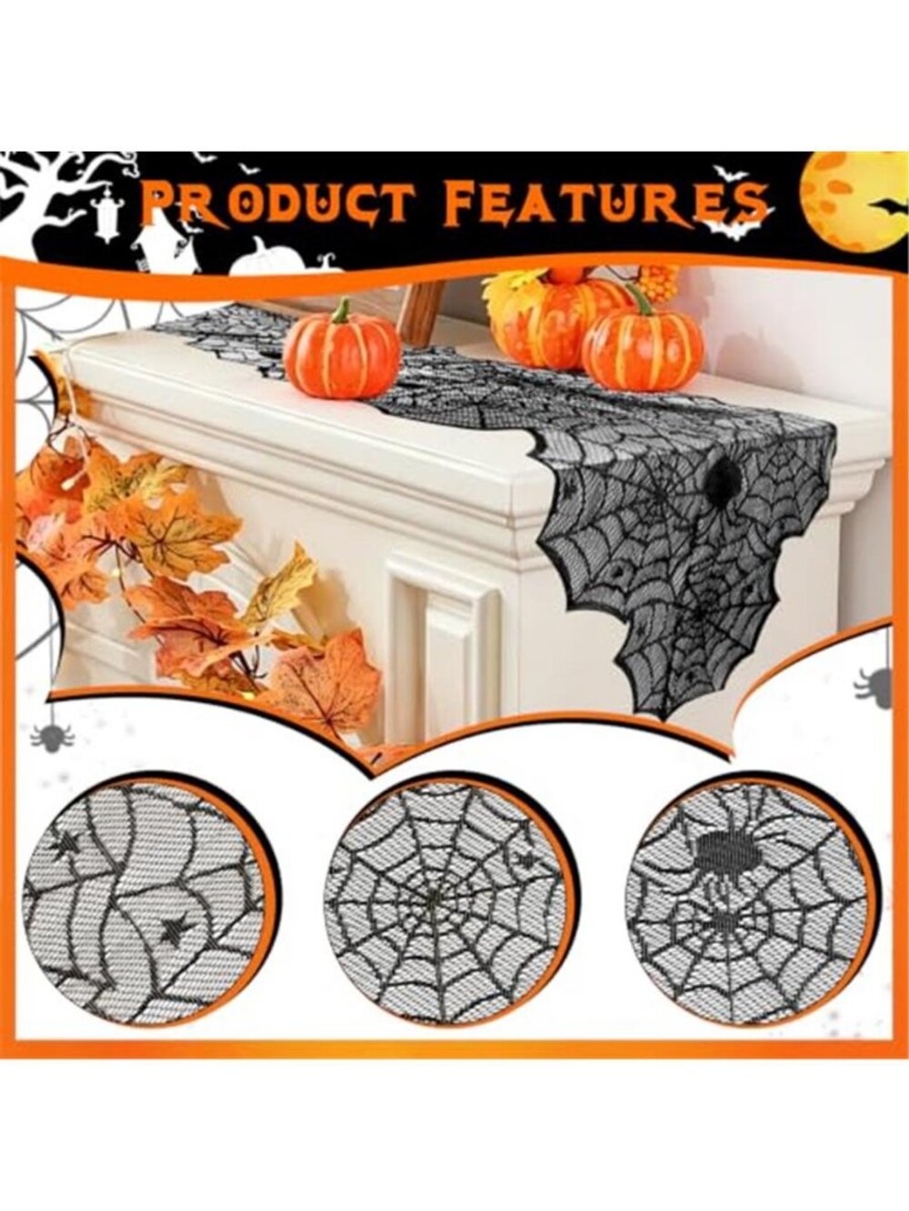 Halloween Table Runner 18 x 72 Inch Happy Halloween Banner 60pcs 3D Bats - Picture 4 of 7